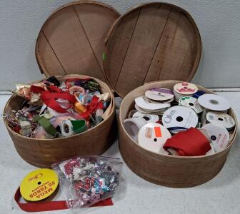 Large Craft Ribbon Lot, 25+ Spools, Offray & Wrights, Satin/Grosgrain, Mixed Colors, Storage Boxes
