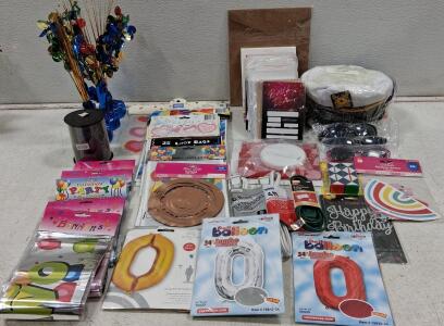 Assorted Birthday Party Decorations Lot&mdash;Foil Balloons, Banners, Loot Bags, Accessories