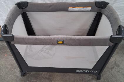 Century Portable Playard, Grey/Black, Mesh Sides, Wheels, Folding Travel Crib