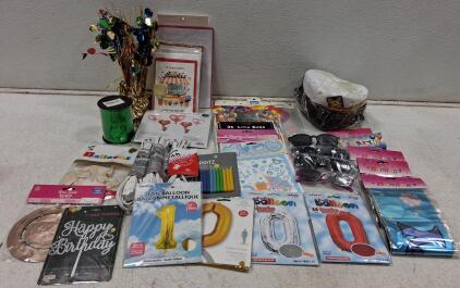 Assorted Party Supplies Lot: Foil Balloons, Cake Topper, Loot Bags, Favors, Sunglasses