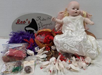 Large Vintage Baby Doll, Craft Supplies Lot with Feather Boas, Artificial Birds, Basket