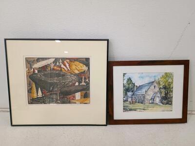 Framed Limited Edition Print "Tribal Tools" 12/43 (1996) by Pamela Swenson & Watercolor Church Scene, 2 Pieces