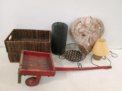 Large Tribal Concrete Mask, Vintage Red Toy Wagon, Wicker Baskets & Lamp &ndash; Mixed Decorative Lot
