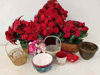 Mixed Lot Artificial Floral Arrangements with Planters, Baskets, Ceramic Bowl & Holiday Decor