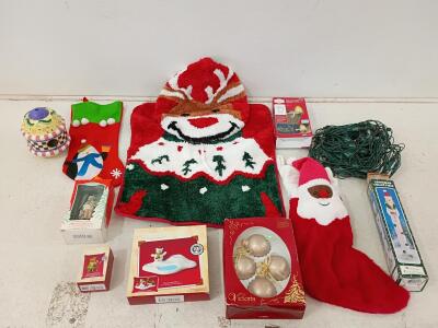 Large Assorted Christmas Decoration Lot: Hallmark Keepsake Ornaments, Stockings, Rug, Lights
