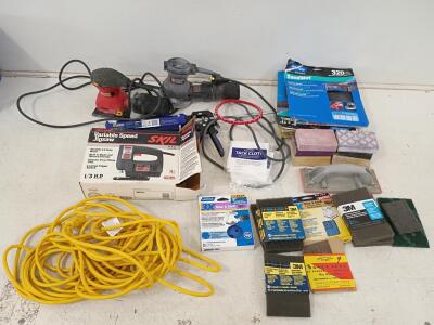 Workshop Tool Lot: SKIL 4235 Jigsaw, Porter Cable & Craftsman Sanders, Sandpaper, HD Cord, More