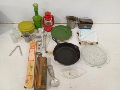 Vintage Kitchenware Lot&mdash;Universal Meat Grinder #2, Fire Extinguisher, Fiesta Plates, Cast Iron Skillet