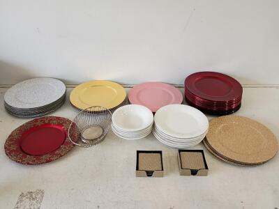 Large Mixed Lot of Decorative Charger Plates, Dinnerware, Fruit Basket, and Coaster Sets, Multicolor