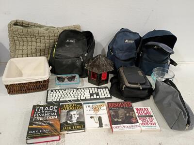 Mixed Bulk Lot: Everest Backpacks, Logitech Keyboard, Books, and Household Items