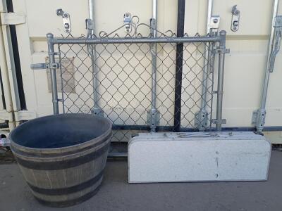 Portable Chain Link Gate Panel, Folding Portable Table, and Whiskey Barrel-Style Planter