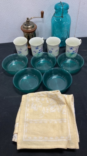 (5) Green Glass Bowls, (4) Glass Cups, Green Glass Jar, Coffee Grinder, (3)Towels