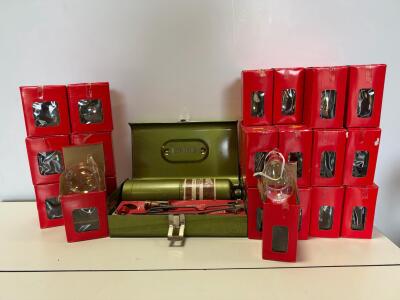 Vintage Bernzomatic Propane torch & Bulk Lot of 22+ Iridescent Glass Hanging Ornaments, Teardrop/Egg Shape, 4.5" Tall, Red Boxes