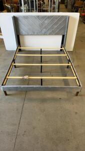 Queen Size Upholstered Platform Bed Frame with Chevron Headboard, Grey Fabric, Wood Slats
