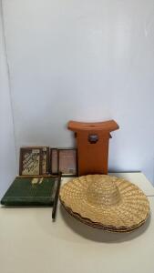 Locking Orange Plastic Sport Seat with Eagle Emblem, 18-inch Security Storage, Vintage paper/photo cutter and picture frames,7- straw hats
