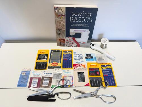 Sewing Tool & Notions Bundle: Gingher & Griffon Shears, Fiskars Rotary Cutter, Needles, Book