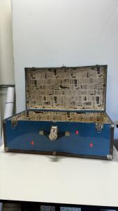 Vintage Metal-Clad Storage Trunk with Speckled Blue Finish and Newspaper-Style Lining