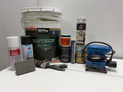 Painting & Finishing Supplies Lot: Drill Master Orbital Sander, Behr Stain, Magnolia Paint, Spray Cans