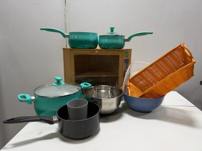 Tasty Nonstick Turquoise Cookware Set with Glass Lids & Bamboo Corner Cabinet Kitchen Bundle