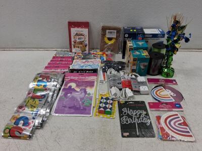 Mixed Lot Party Supplies Decorations & GE Reveal Bulbs, Extension Cords, Cake Topper, Banners