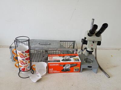 Leica M60 Stereo Microscope, 6.3x&ndash;40x Magnification, 10x Eyepieces, Flexible Illuminator, Small Animal Trap, Warrior Angle Grinder, Set of 4 Mugs