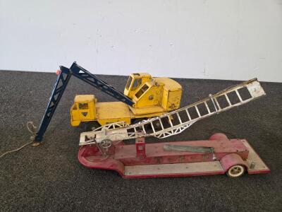 Vintage Mite Toy Crane Truck and TFD Pressed Steel Ladder Fire Truck, 1950s-60s, Working Parts