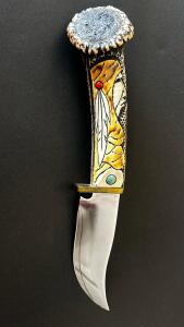 Custom Fixed-Blade Hunting Knife with Carved Deer Antler Handle, Signed "Jim 90"