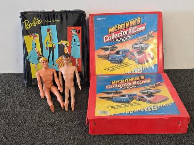 Vintage Barbie Doll Case w/ 2 Ken Dolls & 2 Micro Minis Cases w/ 38+ Micro Cars & Accessories