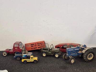 Vintage Tonka & Buddy L Steel Toy Vehicle Lot: Pickups, Jeep, Tractor, Auto & Livestock Trailers