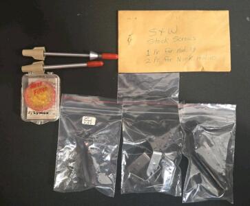 Assorted Vintage Gunsmith Parts: Lyman Haze Filter, S&W Stock Screws, Colt Shroud, Tools