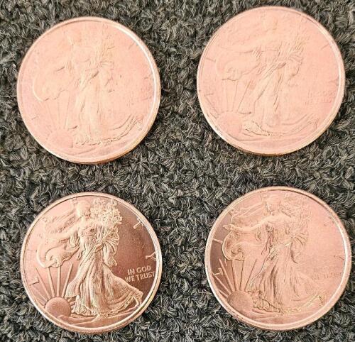 4x .999 Fine Copper Walking Liberty Rounds &ndash; 1 oz Each &ndash; Eagle Reverse Design