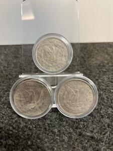 Replicated Morgan Silver Dollars 1889 1890 1896 Set, COPY Stamped, With Protective Capsules