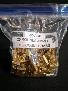 100x .45 ACP Brass Casings, Fired, Mixed Headstamp, Boxer Primed, Reloading, 2.6 lbs