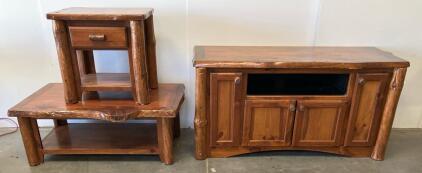 Wildwoods Rustic Log Furniture Set &ndash; TV Stand, Coffee Table & End Table, Solid Wood, Handcrafted