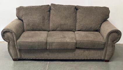 Brown Fabric 3-Seat Sofa with Rolled Arms and Nailhead Trim, Removable Cushions, 86" Wide