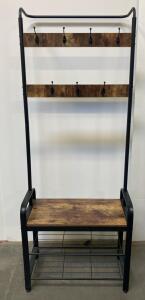 Industrial Metal and Wood Hall Tree with Bench, 8 Hooks, Shoe Storage, 72"x28"x13" Black/Brown