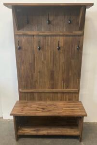 Wooden Hall Tree Entryway Bench with 6 Hooks, Open Shelf, and Top Shelf