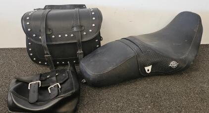 Harley-Davidson Black Leather Motorcycle Seat & Studded Saddlebags