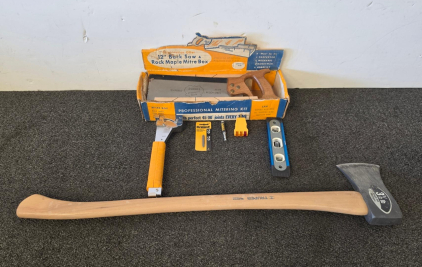 Truper Axe, Dural Back Saw & Maple Mitre Box, Hand Tool Set, Level, Wrench & More