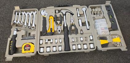 100 Piece Household Hand Tool Set, Chrome-Plated, Case, Ratchet, Wrenches, Sockets, Hex Keys