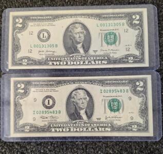 US Federal Reserve $2 Bills &ndash; Series 2017 A & 2003, Uncirculated Condition