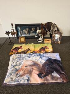 Western Horse Decor Lot &ndash; Stained Glass Art, Blanket, Pillowcases, Figurine, Metal Wall Art