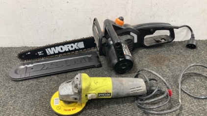 Worx Electric 14” Chainsaw & Ryobi Grinder