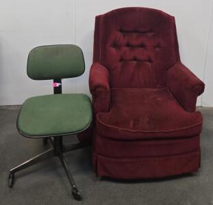 Vintage Burgundy Upholstered Armchair and Green Office Task Chair, Tufted Back, Swivel Base