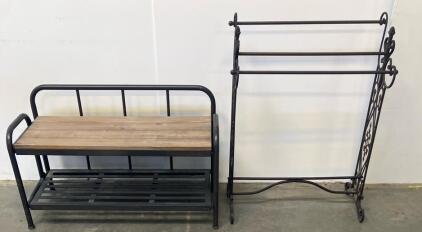 Industrial Storage Bench with Metal Frame and Wooden Slats, Metal Towl Rack