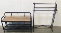 Industrial Storage Bench with Metal Frame and Wooden Slats, Metal Towl Rack
