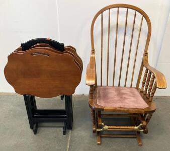 4-Piece Wooden Scalloped TV Tray Set with Stand & Oak Glider Rocking Chair, Cushion Included