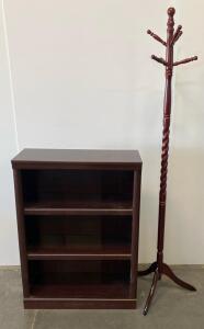 Dark Wood 3-Shelf Bookcase and 8-Hook Twisted Wood Coat Rack Set, Approx. 40"x30", 70" Tall