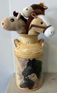Decorative Hand-Painted Metal Milk Can with Horse Art, 23" Tall + 3 Plush Hobby Horses