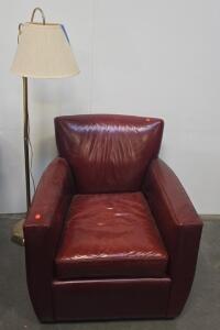 Leather Club Chair, Burgundy, Modern Wide Arm, Plush Cushion, 36x36x34 Inches