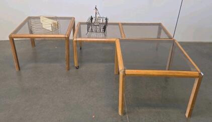 3 Glass Tables With Removable Panes, And 2 Metal Baskets